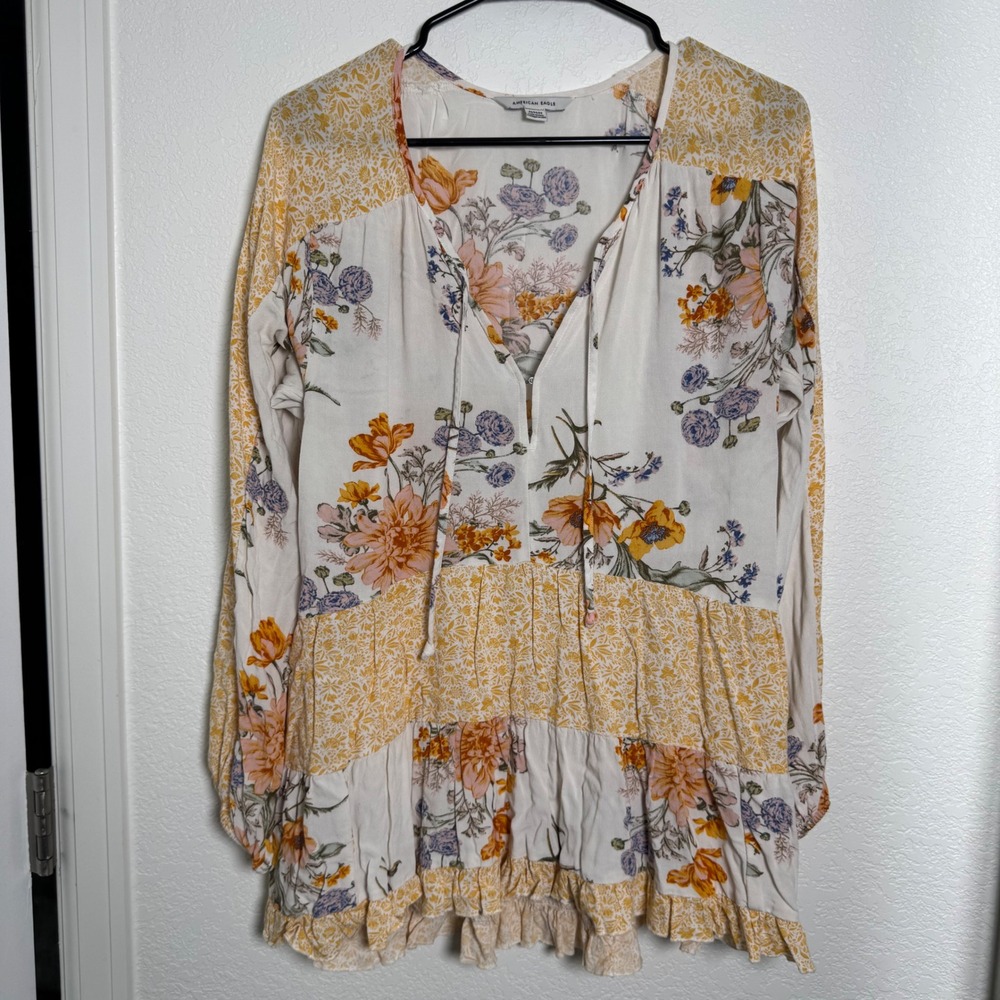 American Eagle Tunic Women Medium Cream Floral Mixed Print Boho Tiered Top